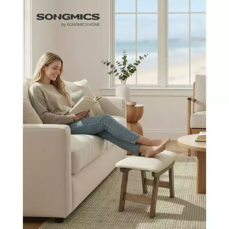 SONGMICS Repose-Pieds Pouf, Tabouret de Vanité Rembourré Sous le Bureau avec Cadre en Bois Massif