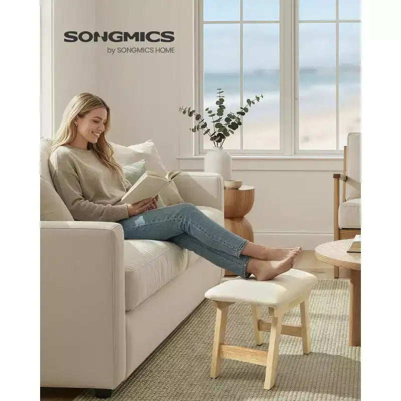 SONGMICS Repose-Pieds Pouf, Tabouret de Vanité Rembourré Sous le Bureau avec Cadre en Bois Massif