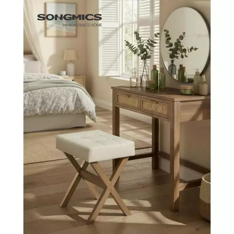 SONGMICS Repose-Pieds Pouf, Tabouret de Vanité Rembourré Sous le Bureau avec Cadre en Bois Massif
