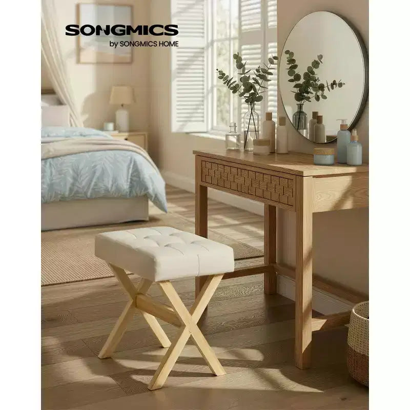 SONGMICS Repose-Pieds Pouf, Tabouret de Vanité Rembourré Sous le Bureau avec Cadre en Bois Massif