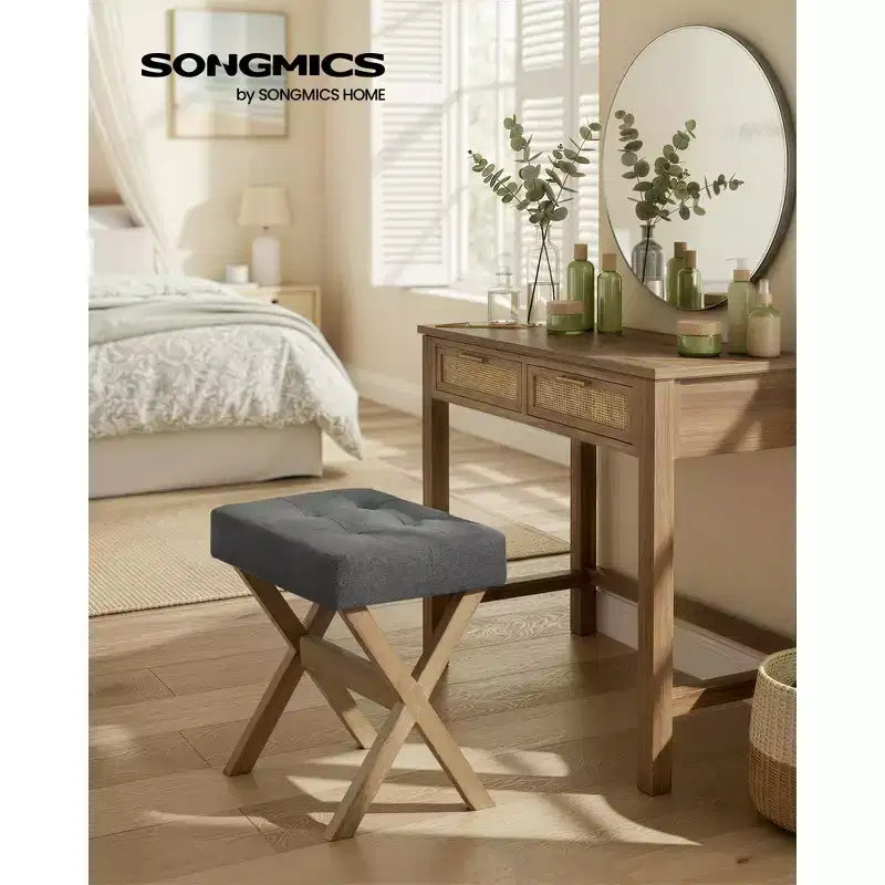 SONGMICS Repose-Pieds Pouf, Tabouret de Vanité Rembourré Sous le Bureau avec Cadre en Bois Massif