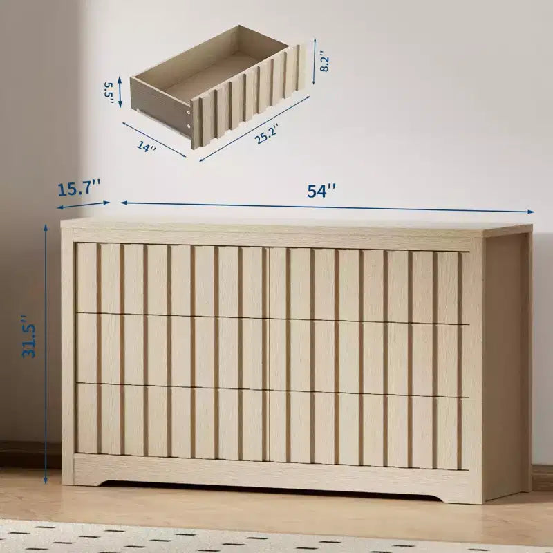 Rangement de chambre Acekool, commode large en bois avec tiroirs, organisateur de placard moderne cannelé pour vêtements, chêne naturel