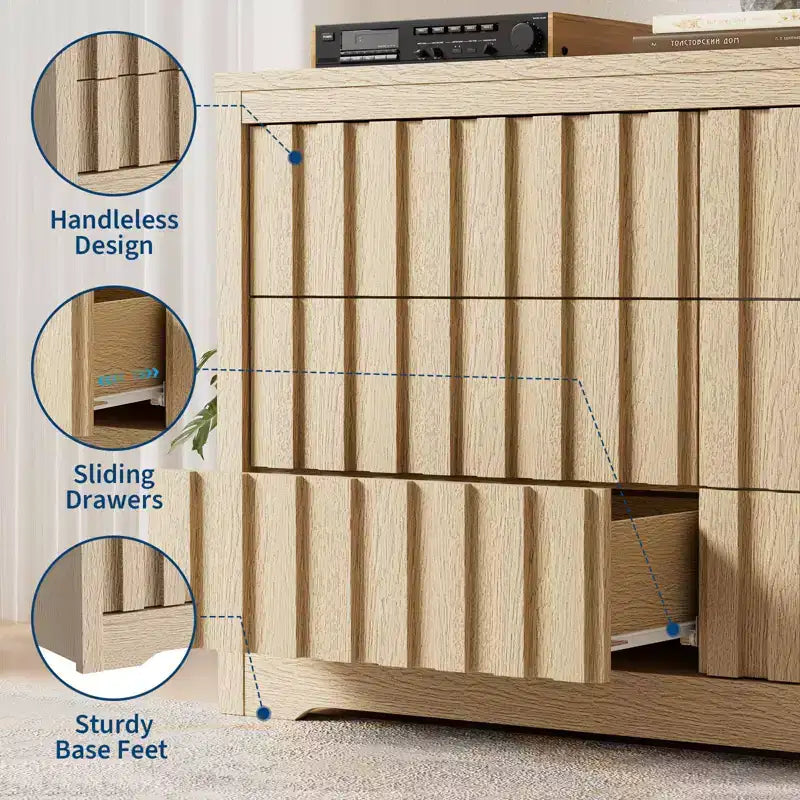 Rangement de chambre Acekool, commode large en bois avec tiroirs, organisateur de placard moderne cannelé pour vêtements, chêne naturel
