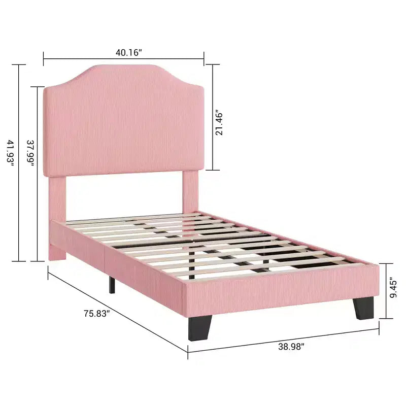 Twin Size Upholstered Bed Frame with Adjustable Headboard - Corduroy Fabric, Wooden Slats, Noise-Free