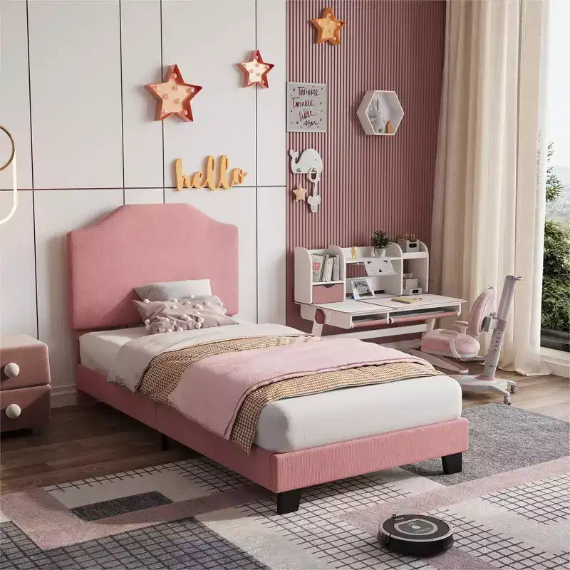 Twin Size Upholstered Bed Frame with Adjustable Headboard - Corduroy Fabric, Wooden Slats, Noise-Free
