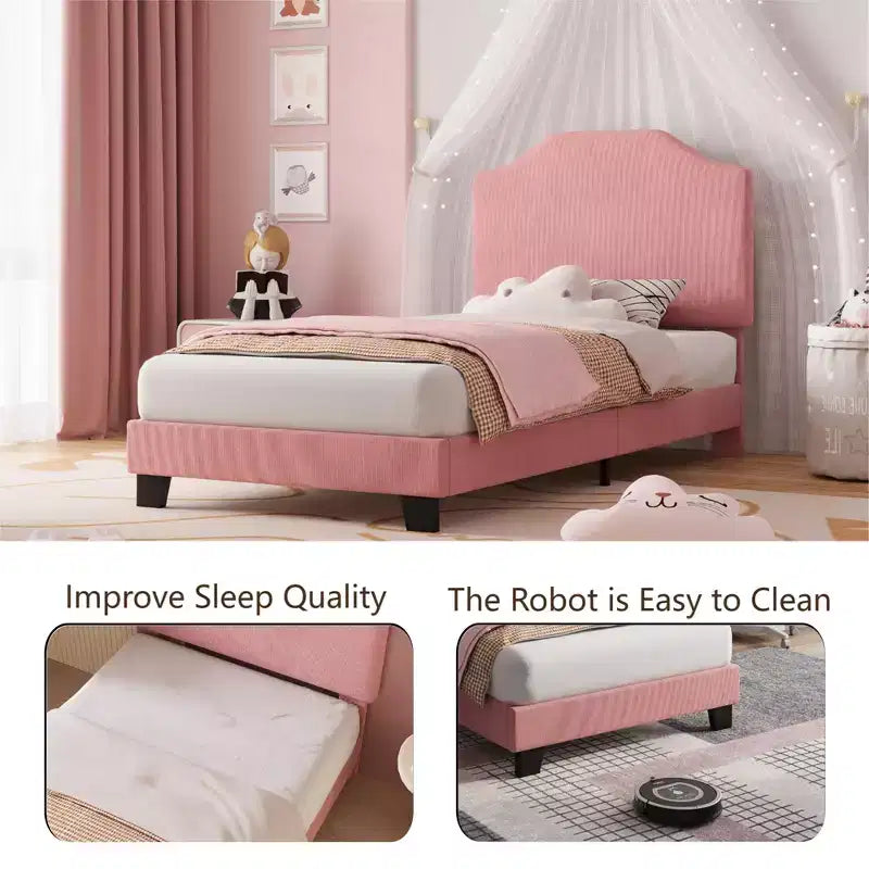 Twin Size Upholstered Bed Frame with Adjustable Headboard - Corduroy Fabric, Wooden Slats, Noise-Free