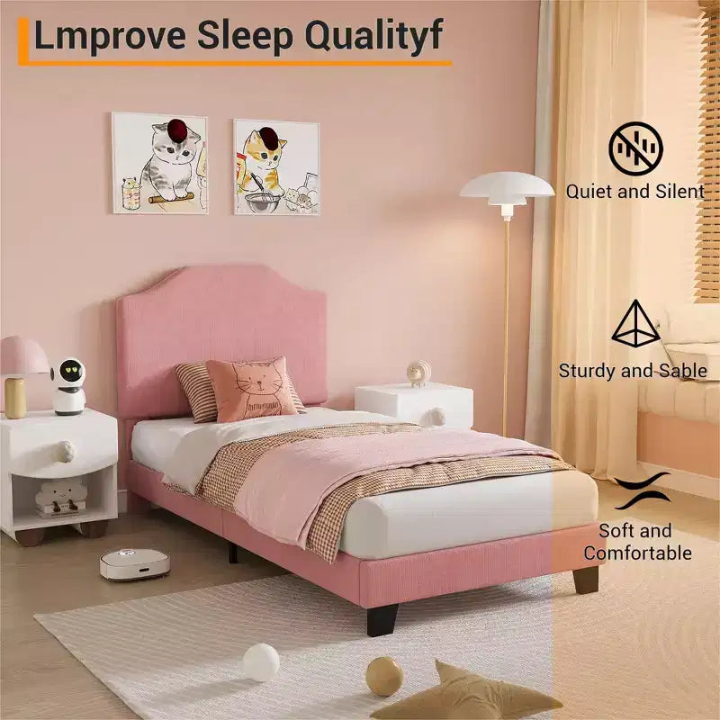 Twin Size Upholstered Bed Frame with Adjustable Headboard - Corduroy Fabric, Wooden Slats, Noise-Free