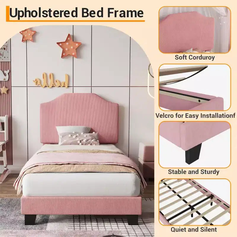 Twin Size Upholstered Bed Frame with Adjustable Headboard - Corduroy Fabric, Wooden Slats, Noise-Free
