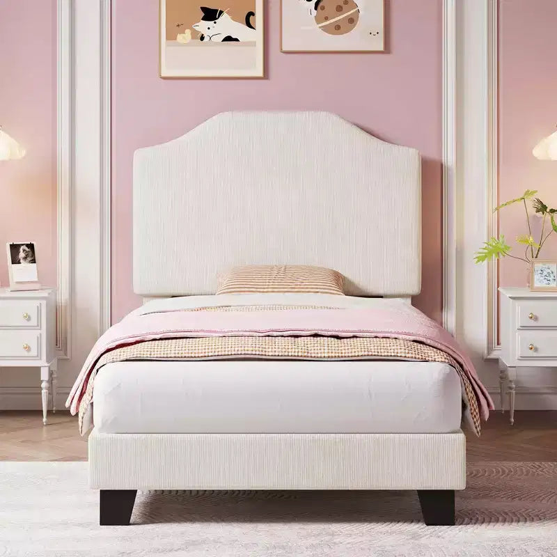 Twin Size Upholstered Bed Frame with Adjustable Headboard - Corduroy Fabric, Wooden Slats, Noise-Free