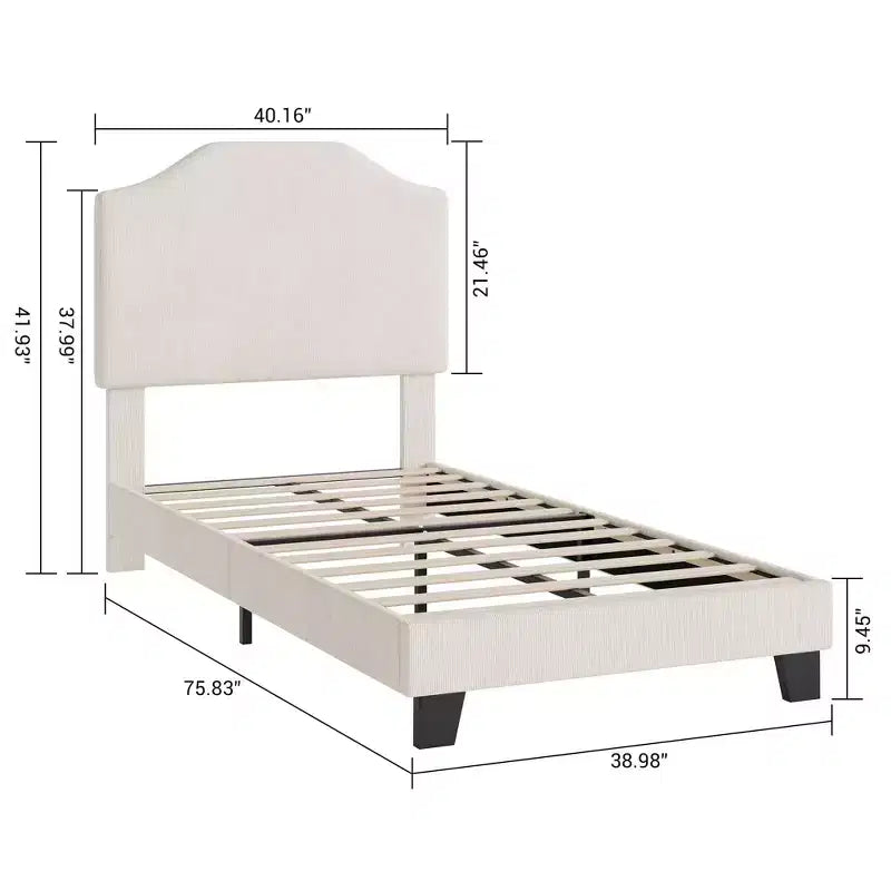 Twin Size Upholstered Bed Frame with Adjustable Headboard - Corduroy Fabric, Wooden Slats, Noise-Free