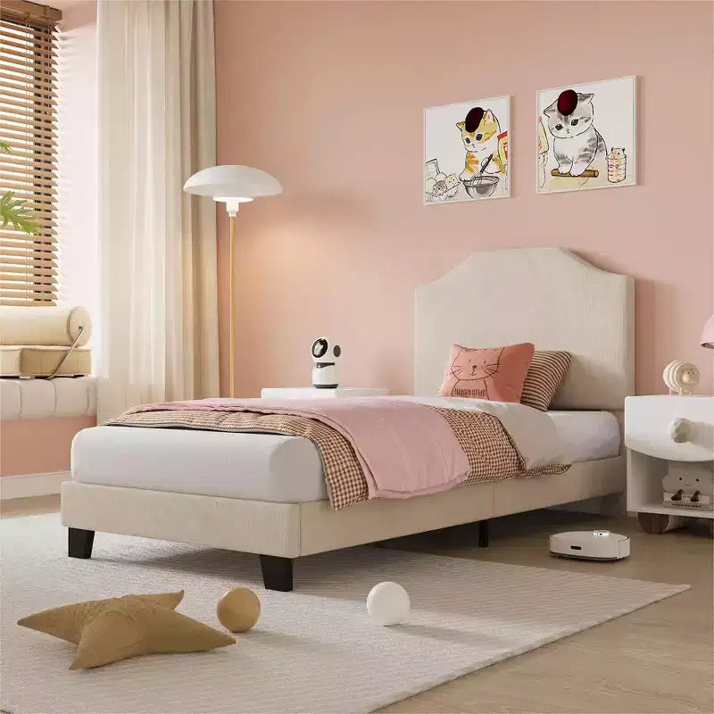 Twin Size Upholstered Bed Frame with Adjustable Headboard - Corduroy Fabric, Wooden Slats, Noise-Free