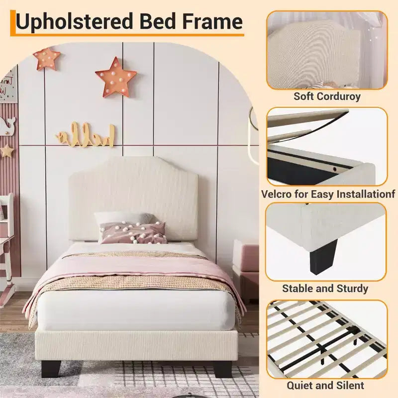 Twin Size Upholstered Bed Frame with Adjustable Headboard - Corduroy Fabric, Wooden Slats, Noise-Free