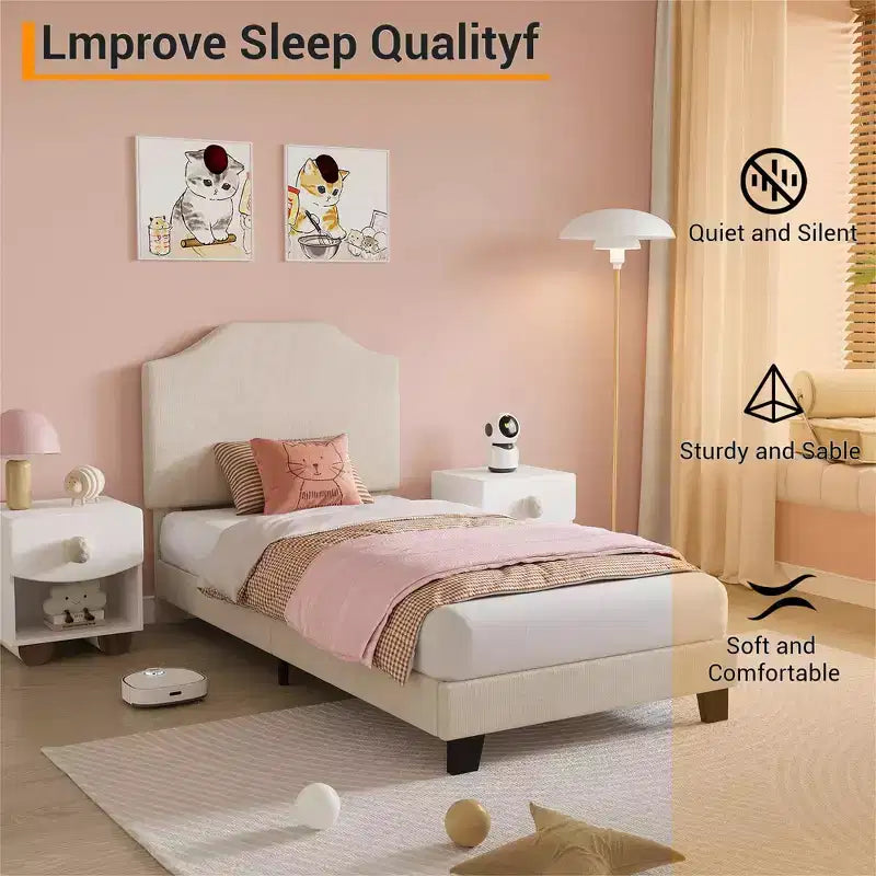 Twin Size Upholstered Bed Frame with Adjustable Headboard - Corduroy Fabric, Wooden Slats, Noise-Free