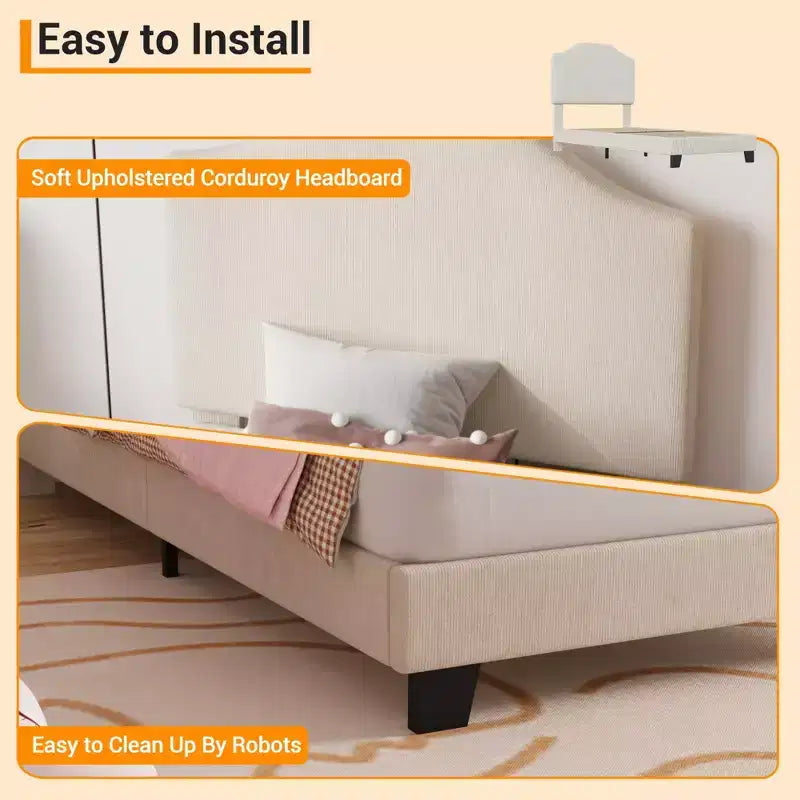Twin Size Upholstered Bed Frame with Adjustable Headboard - Corduroy Fabric, Wooden Slats, Noise-Free