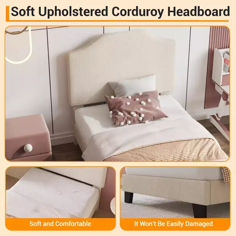 Twin Size Upholstered Bed Frame with Adjustable Headboard - Corduroy Fabric, Wooden Slats, Noise-Free