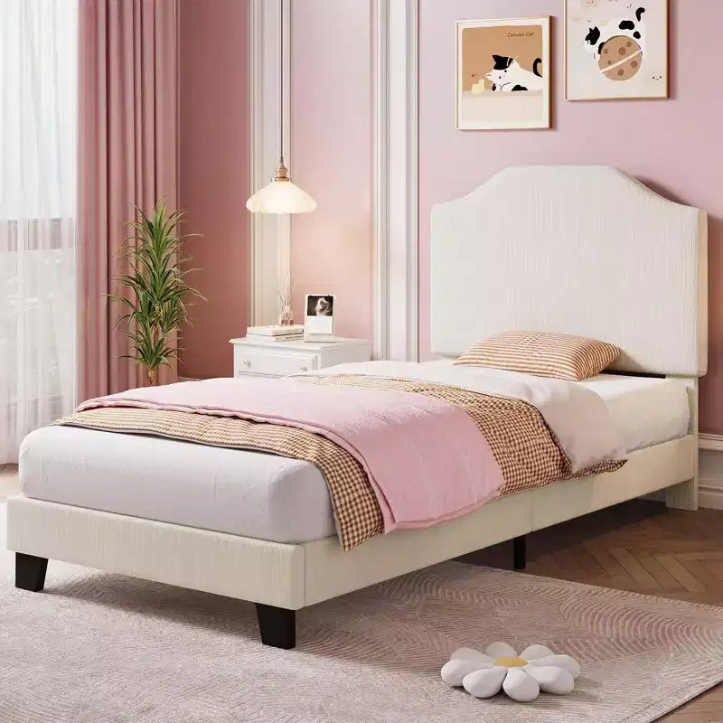 Twin Size Upholstered Bed Frame with Adjustable Headboard - Corduroy Fabric, Wooden Slats, Noise-Free