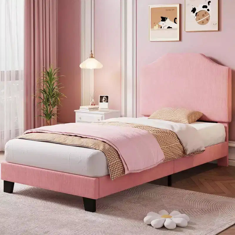 Twin Size Upholstered Bed Frame with Adjustable Headboard - Corduroy Fabric, Wooden Slats, Noise-Free