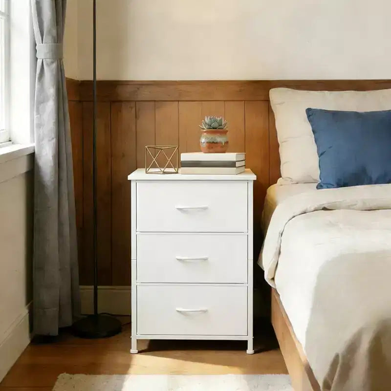 Acekool Commode pour petits espaces, Commode compacte à 3 tiroirs en tissu avec plateau en grain de bois, Organisateur de rangement pour chambre à coucher, placard, entrée, Blanc
