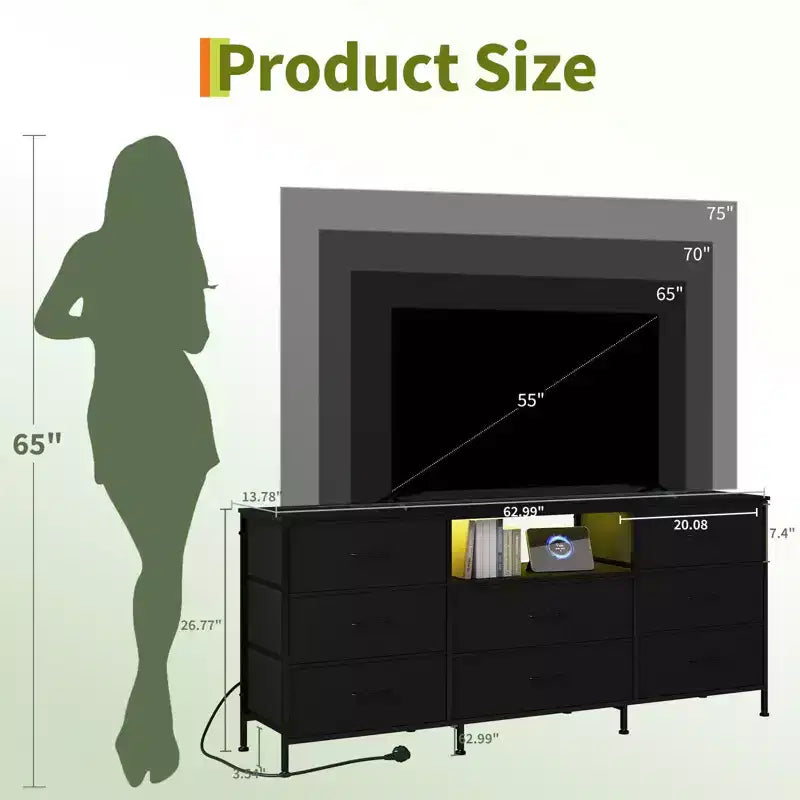 63 LED TV Stand Dresser with 8 Storage Drawers & LED Lighting, Steel Frame for 65-75 TV, Bedroom & Living Room Organizer