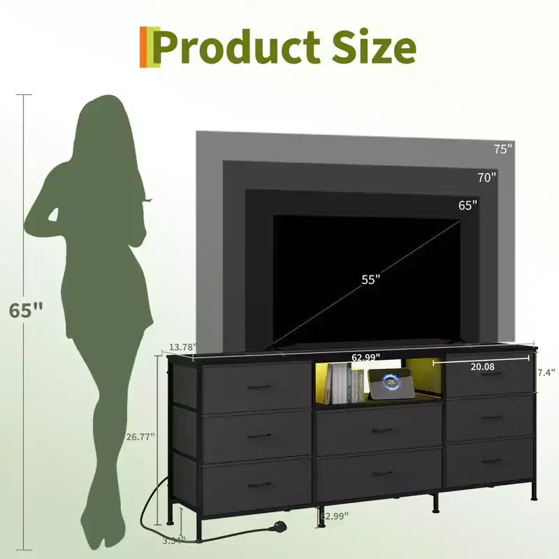 63 LED TV Stand Dresser with 8 Storage Drawers & LED Lighting, Steel Frame for 65-75 TV, Bedroom & Living Room Organizer