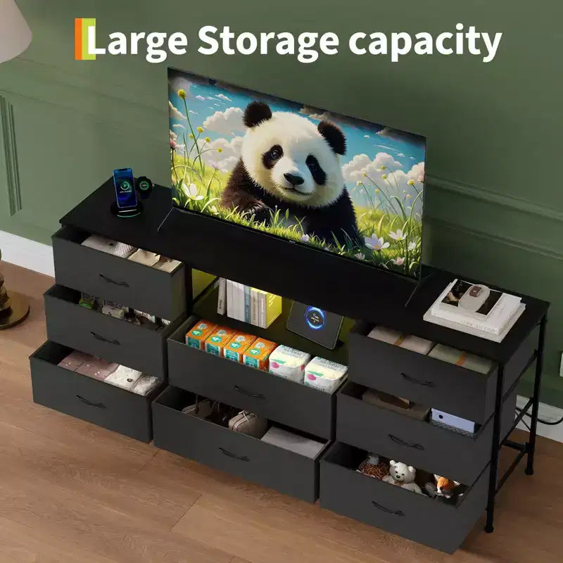 63 LED TV Stand Dresser with 8 Storage Drawers & LED Lighting, Steel Frame for 65-75 TV, Bedroom & Living Room Organizer