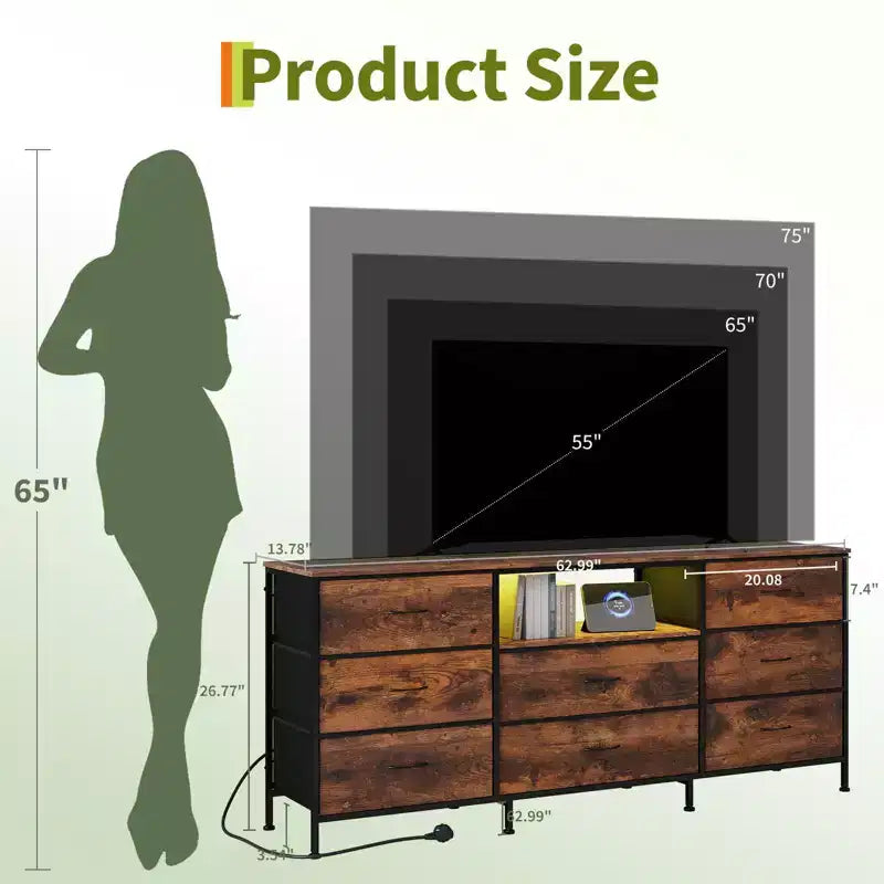63 LED TV Stand Dresser with 8 Storage Drawers & LED Lighting, Steel Frame for 65-75 TV, Bedroom & Living Room Organizer