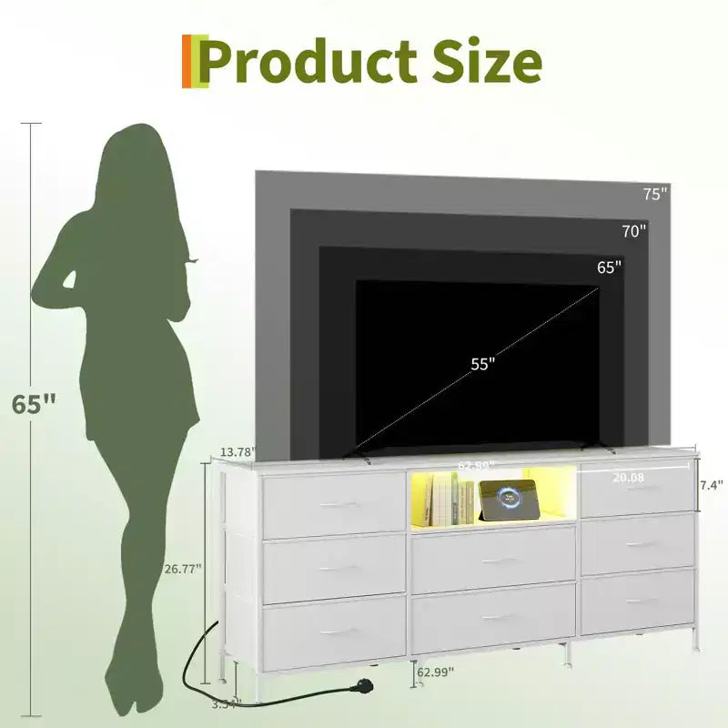 63 LED TV Stand Dresser with 8 Storage Drawers & LED Lighting, Steel Frame for 65-75 TV, Bedroom & Living Room Organizer