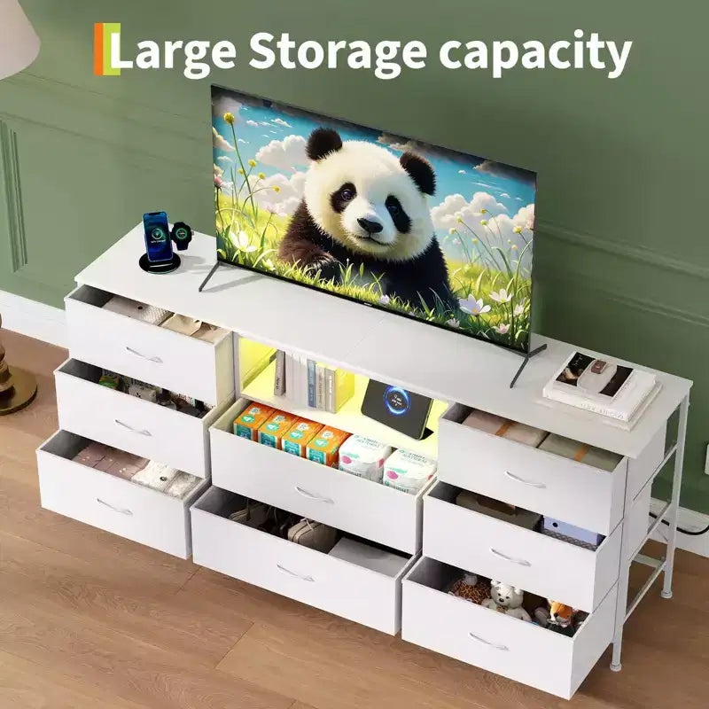 63 LED TV Stand Dresser with 8 Storage Drawers & LED Lighting, Steel Frame for 65-75 TV, Bedroom & Living Room Organizer