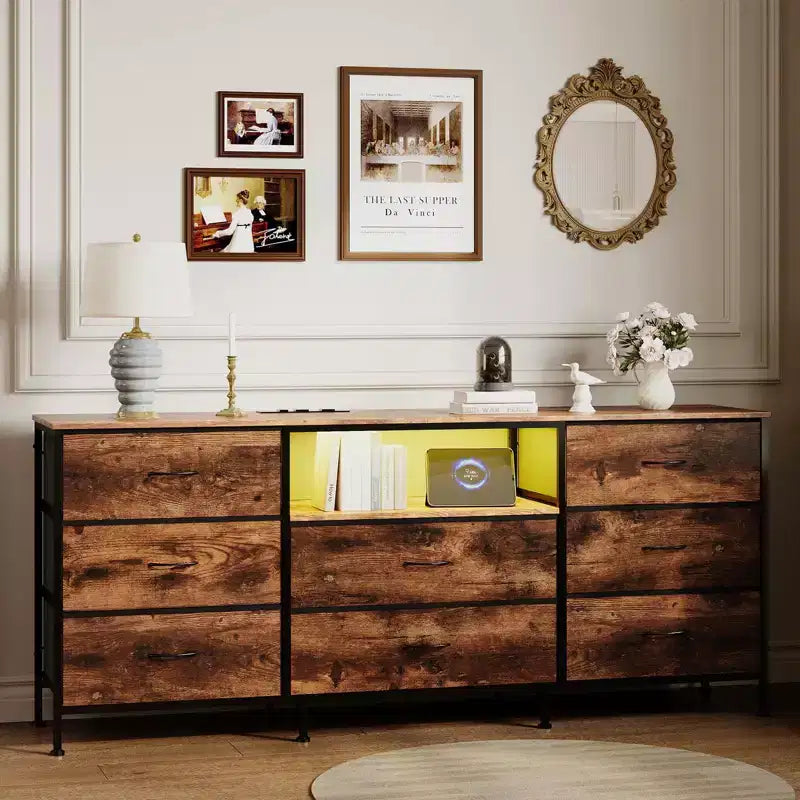 63 LED TV Stand Dresser with 8 Storage Drawers & LED Lighting, Steel Frame for 65-75 TV, Bedroom & Living Room Organizer