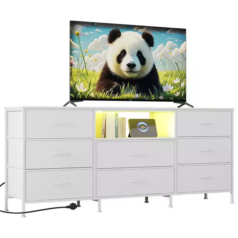63 LED TV Stand Dresser with 8 Storage Drawers & LED Lighting, Steel Frame for 65-75 TV, Bedroom & Living Room Organizer