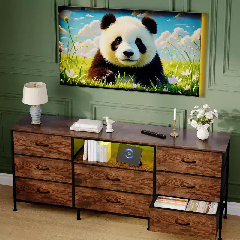 63 LED TV Stand Dresser with 8 Storage Drawers & LED Lighting, Steel Frame for 65-75 TV, Bedroom & Living Room Organizer