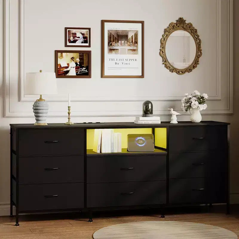 63 LED TV Stand Dresser with 8 Storage Drawers & LED Lighting, Steel Frame for 65-75 TV, Bedroom & Living Room Organizer