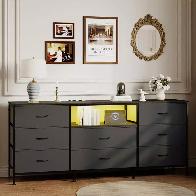 63 LED TV Stand Dresser with 8 Storage Drawers & LED Lighting, Steel Frame for 65-75 TV, Bedroom & Living Room Organizer