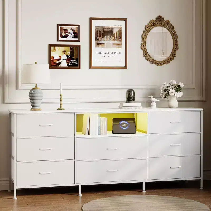 63 LED TV Stand Dresser with 8 Storage Drawers & LED Lighting, Steel Frame for 65-75 TV, Bedroom & Living Room Organizer
