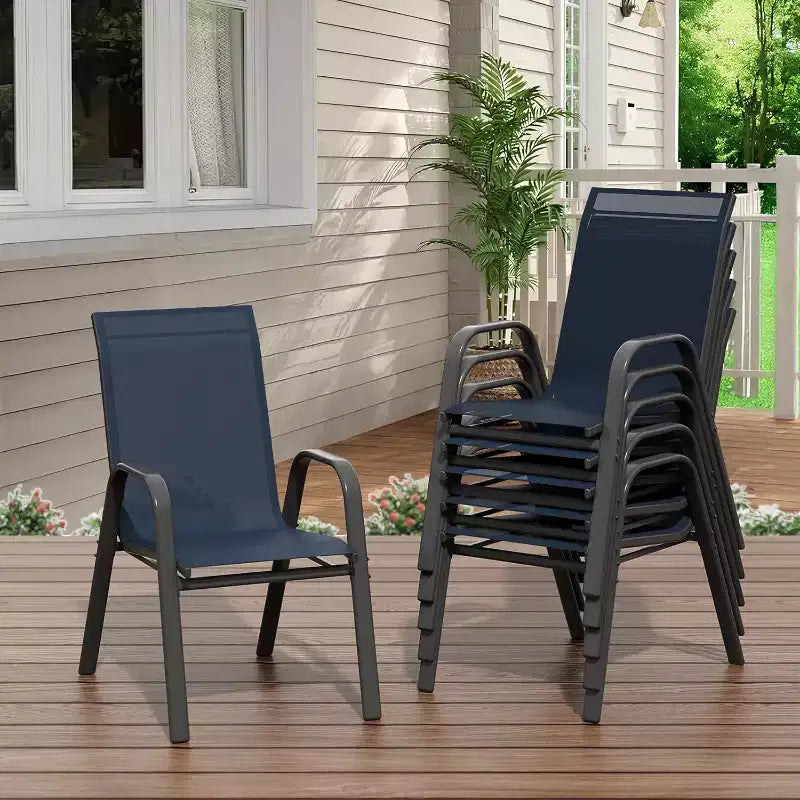 Lot de 4 chaises de salle à manger empilables d'extérieur, en textilène, dossier haut résistant aux intempéries pour jardin, piscine, balcon, bleu marine
