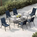 Lot de 4 chaises de salle à manger empilables d'extérieur, en textilène, dossier haut résistant aux intempéries pour jardin, piscine, balcon, bleu marine