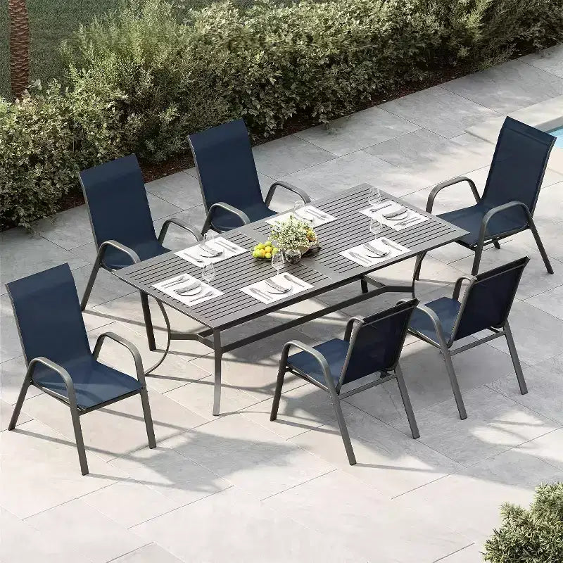 Lot de 4 chaises de salle à manger empilables d'extérieur, en textilène, dossier haut résistant aux intempéries pour jardin, piscine, balcon, bleu marine