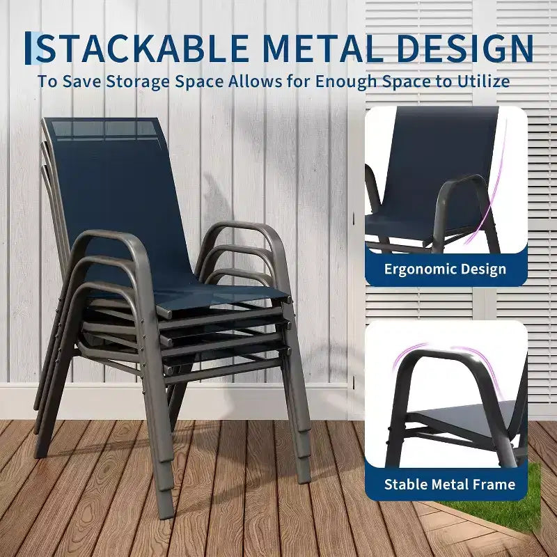 Lot de 4 chaises de salle à manger empilables d'extérieur, en textilène, dossier haut résistant aux intempéries pour jardin, piscine, balcon, bleu marine