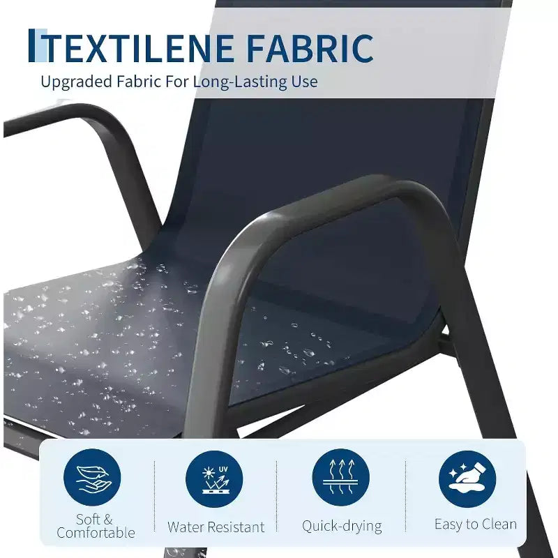 Lot de 4 chaises de salle à manger empilables d'extérieur, en textilène, dossier haut résistant aux intempéries pour jardin, piscine, balcon, bleu marine