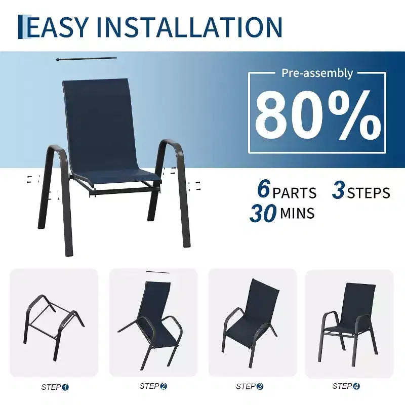 Lot de 4 chaises de salle à manger empilables d'extérieur, en textilène, dossier haut résistant aux intempéries pour jardin, piscine, balcon, bleu marine