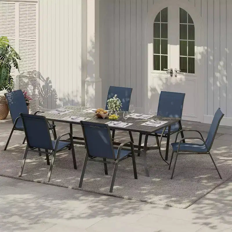 Lot de 4 chaises de salle à manger empilables d'extérieur, en textilène, dossier haut résistant aux intempéries pour jardin, piscine, balcon, bleu marine