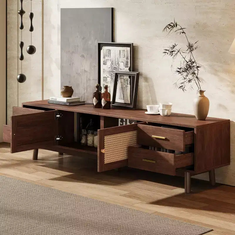GDFStudio Enzo 70 Modern TV Stand with Rattan Doors and 4 Large Drawers