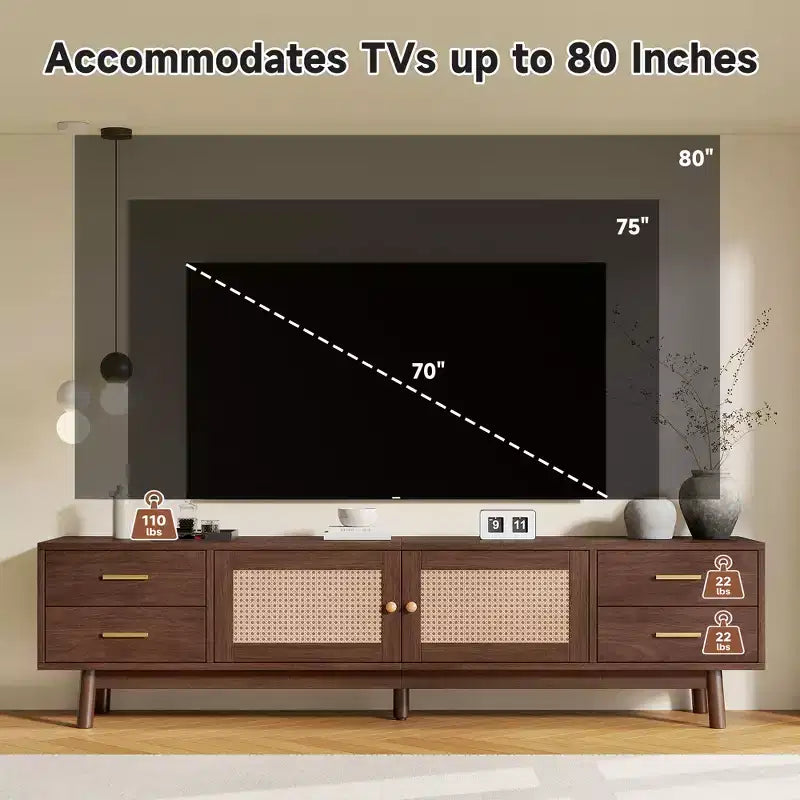 GDFStudio Enzo 70 Modern TV Stand with Rattan Doors and 4 Large Drawers