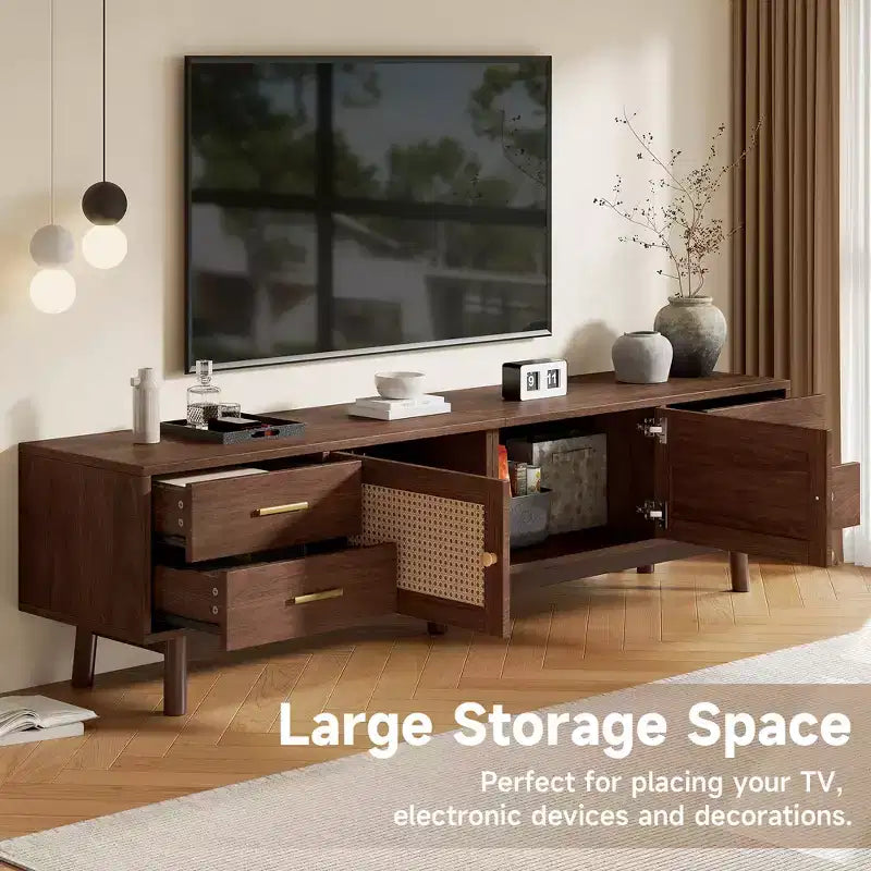 GDFStudio Enzo 70 Modern TV Stand with Rattan Doors and 4 Large Drawers