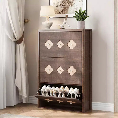 Meuble à chaussures mince Acekool marron avec 6 tiroirs à abattant et étagères réglables pour entrée