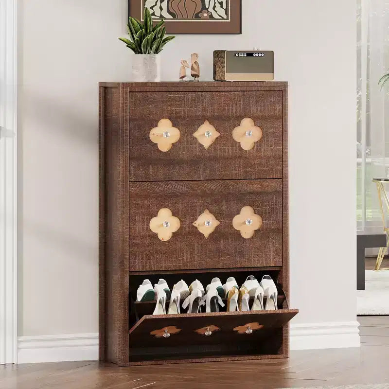Meuble à chaussures mince Acekool marron avec 6 tiroirs à abattant et étagères réglables pour entrée