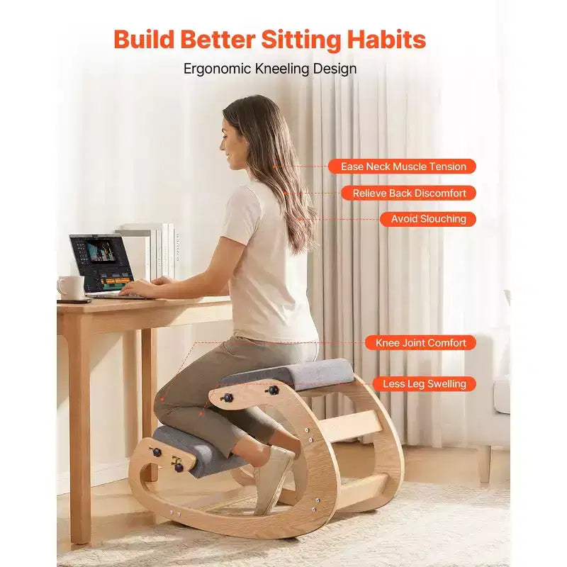 VEVOR Chaise Ergonomique à Genoux, Chaise à Genoux Posture en Bois avec Coussins Épais en Mousse Réglables et Cadre en Bois Massif, Hauteur Réglable, Gris