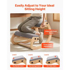 VEVOR Chaise Ergonomique à Genoux, Chaise à Genoux Posture en Bois avec Coussins Épais en Mousse Réglables et Cadre en Bois Massif, Hauteur Réglable, Gris