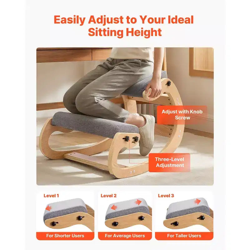 VEVOR Chaise Ergonomique à Genoux, Chaise à Genoux Posture en Bois avec Coussins Épais en Mousse Réglables et Cadre en Bois Massif, Hauteur Réglable, Gris