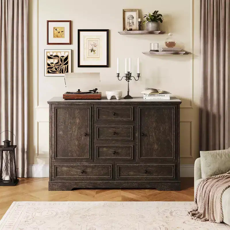 Buffet de ferme 47, buffet de rangement avec 5 tiroirs et 2 portes, buffet de bar à café en bois, table de buffet pour salle à manger